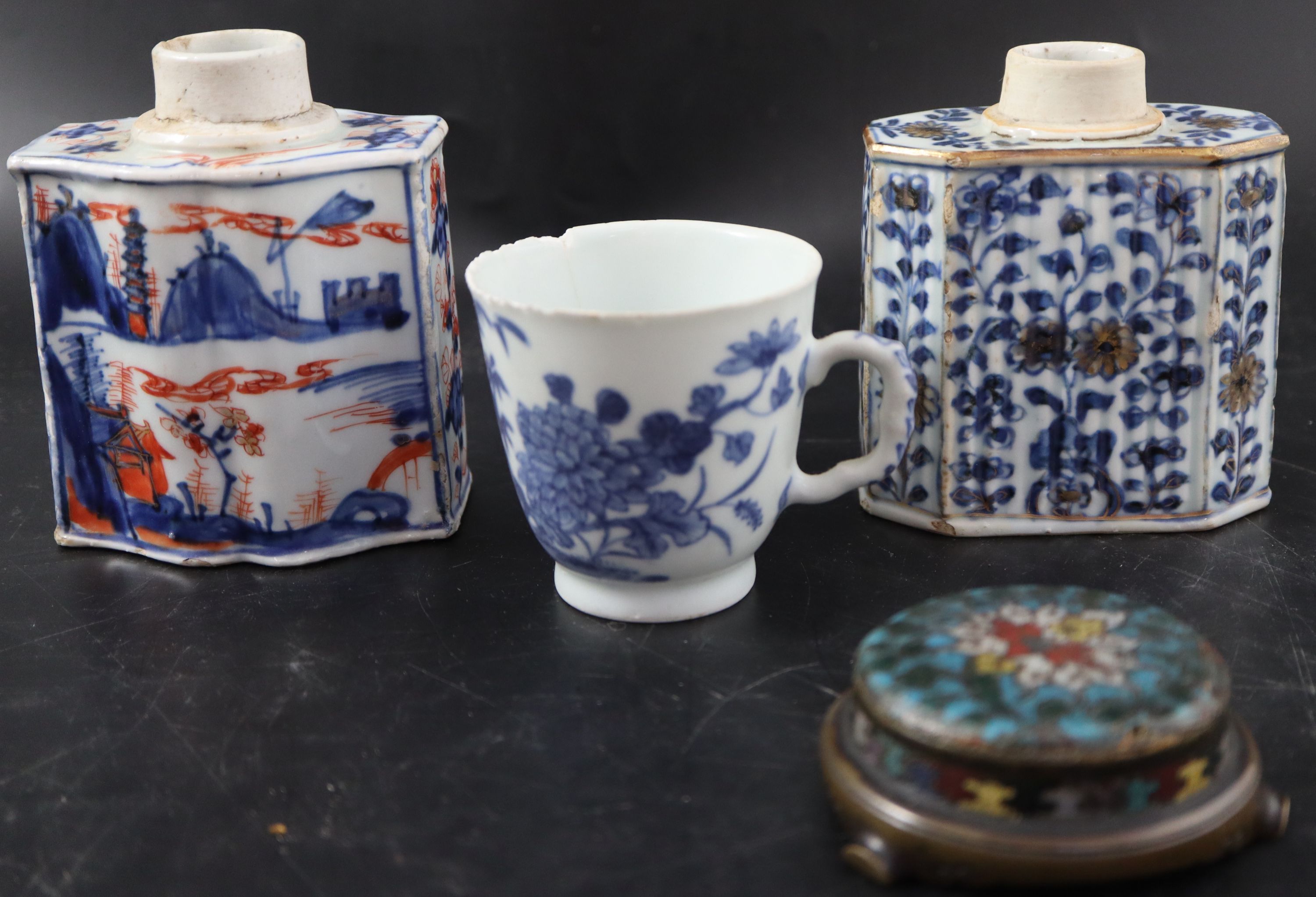 Two 18th century Chinese porcelain tea caddies, a cup and a Ming enamelled bronze lid